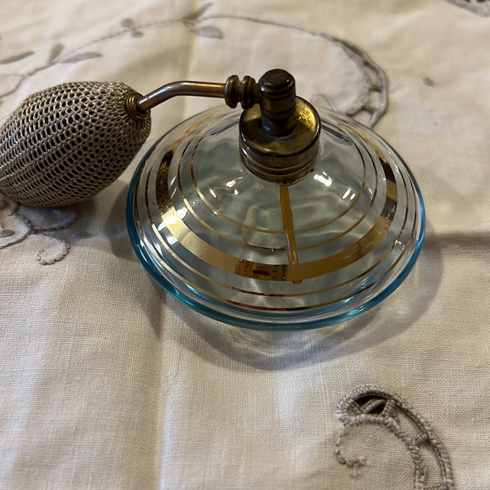 Handmade Bohemian Crystal blue gold striped perfume atomizer Germany